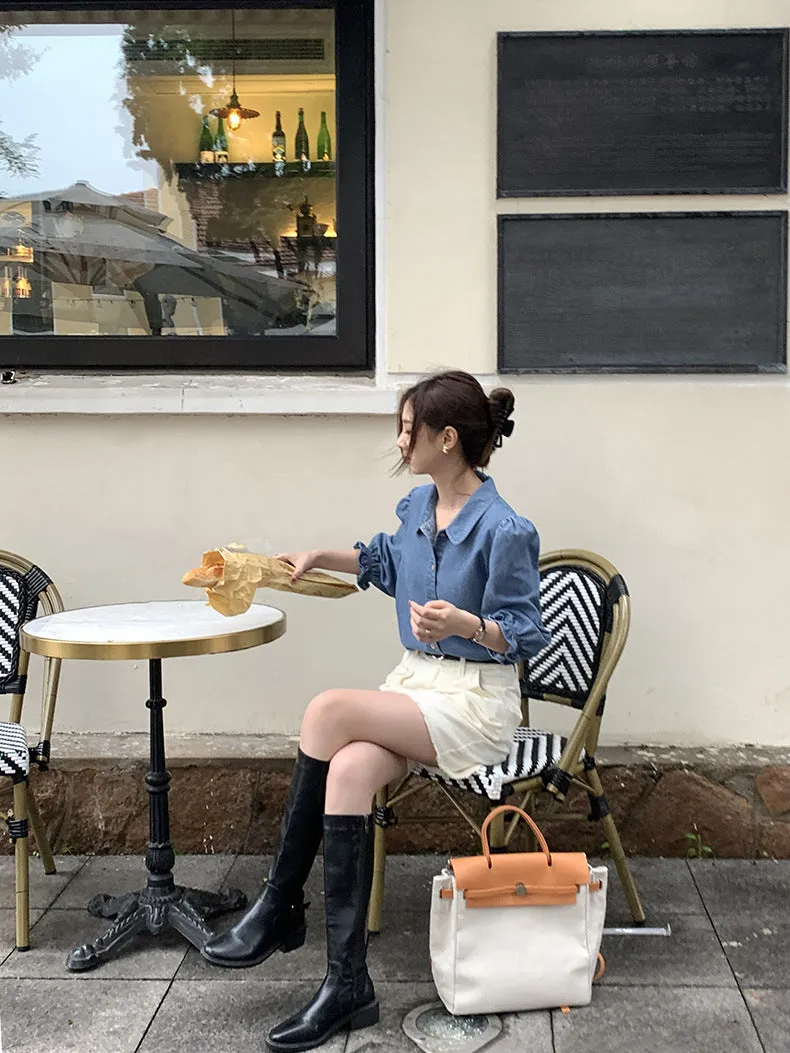 [Korean Style] Chic Rounded Collar Puff Sleeve Denim Shirts
