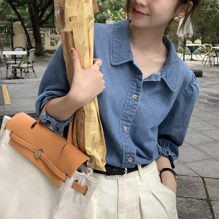 [Korean Style] Chic Rounded Collar Puff Sleeve Denim Shirts