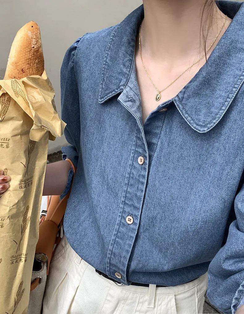 [Korean Style] Chic Rounded Collar Puff Sleeve Denim Shirts