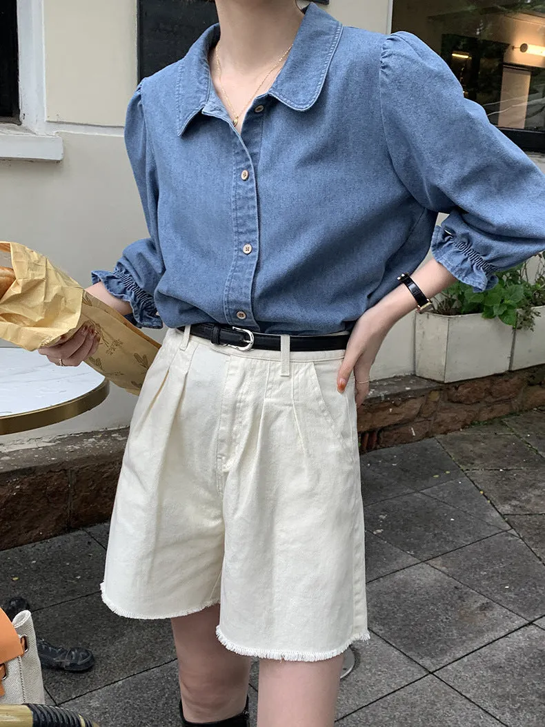 [Korean Style] Chic Rounded Collar Puff Sleeve Denim Shirts