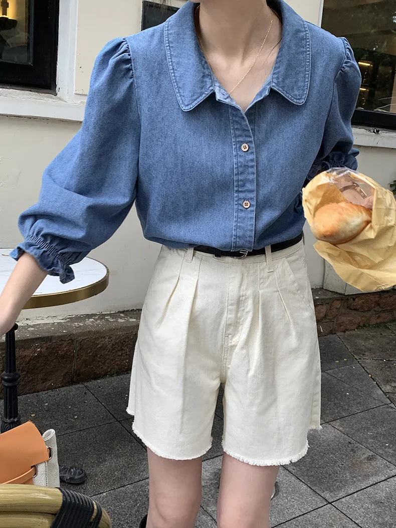 [Korean Style] Chic Rounded Collar Puff Sleeve Denim Shirts
