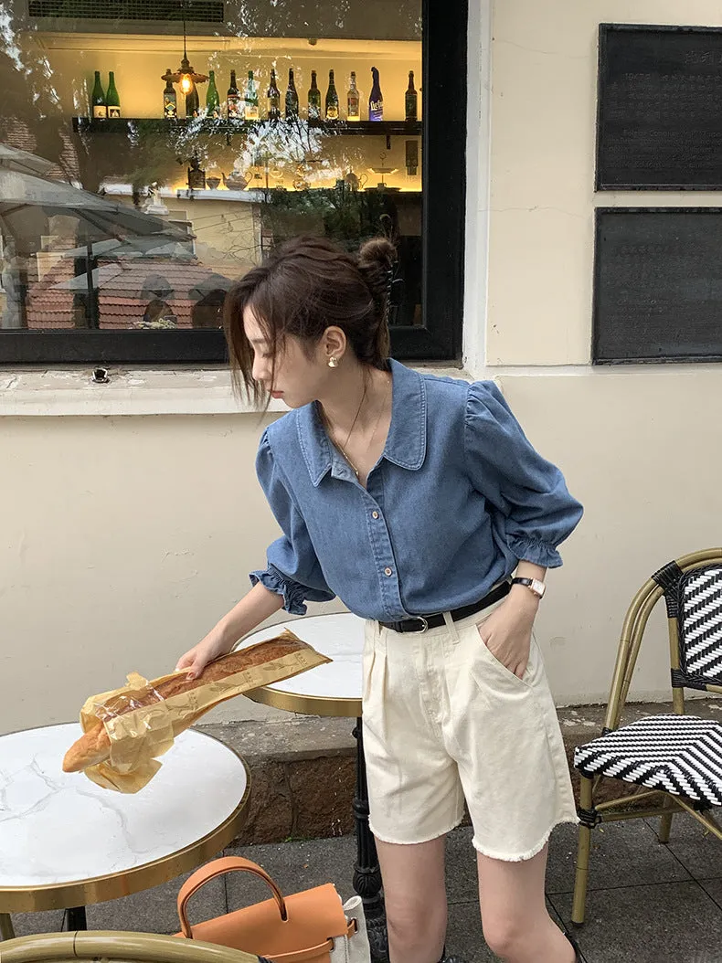 [Korean Style] Chic Rounded Collar Puff Sleeve Denim Shirts