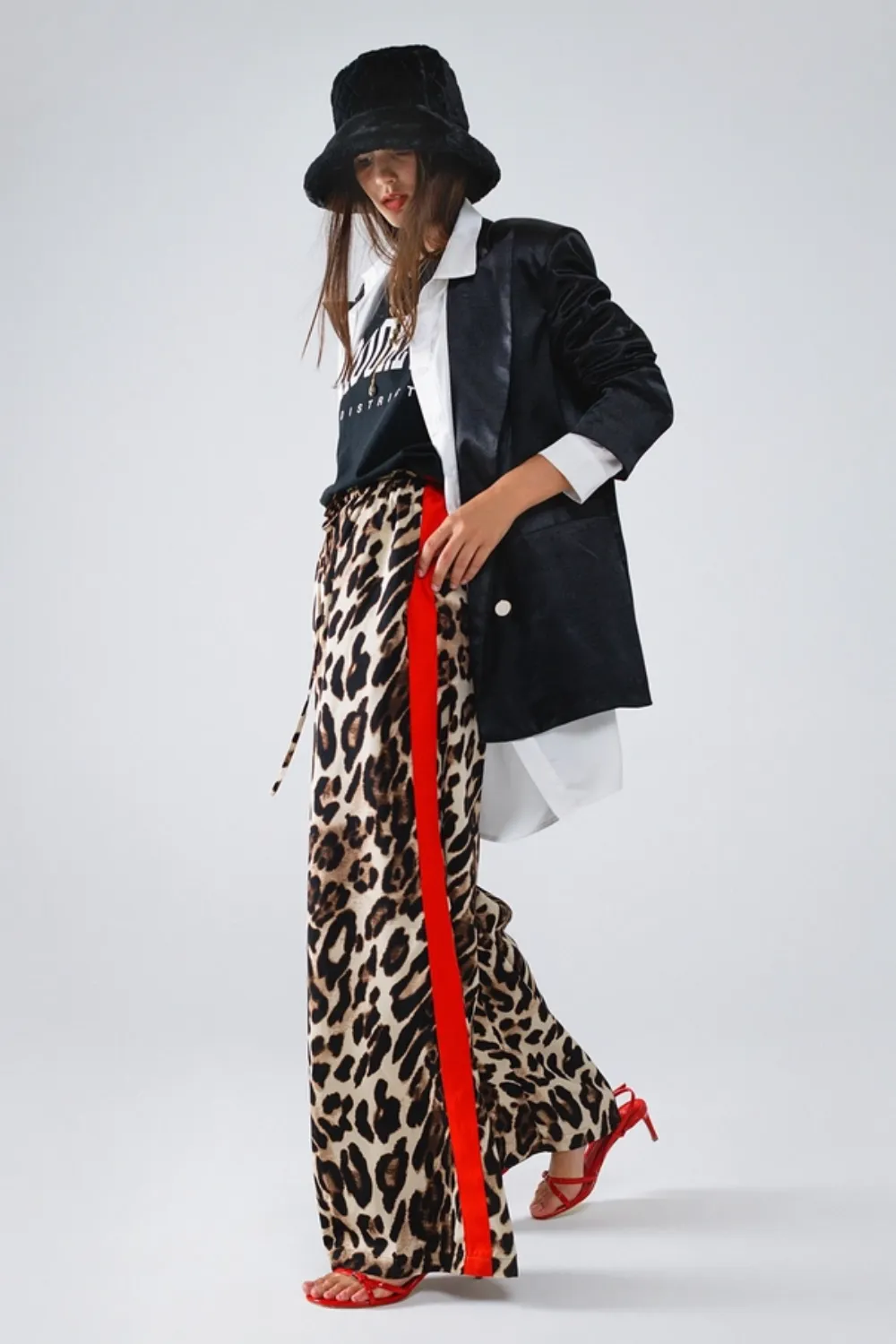 Leopard Wide Leg Pants with Red Stripe