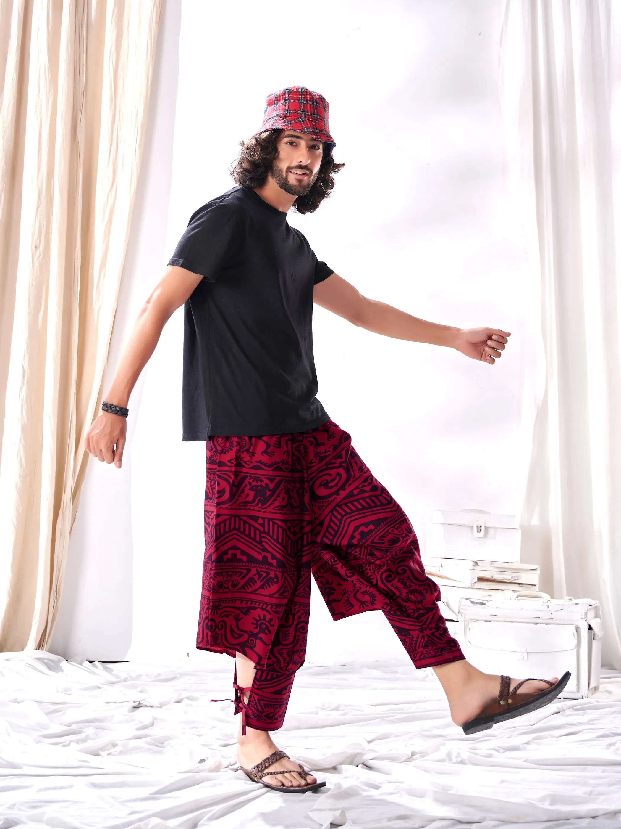 Men's Arabic Vintage Red Boho Baggy Hippy Harem Pants For Dance Travel Yoga