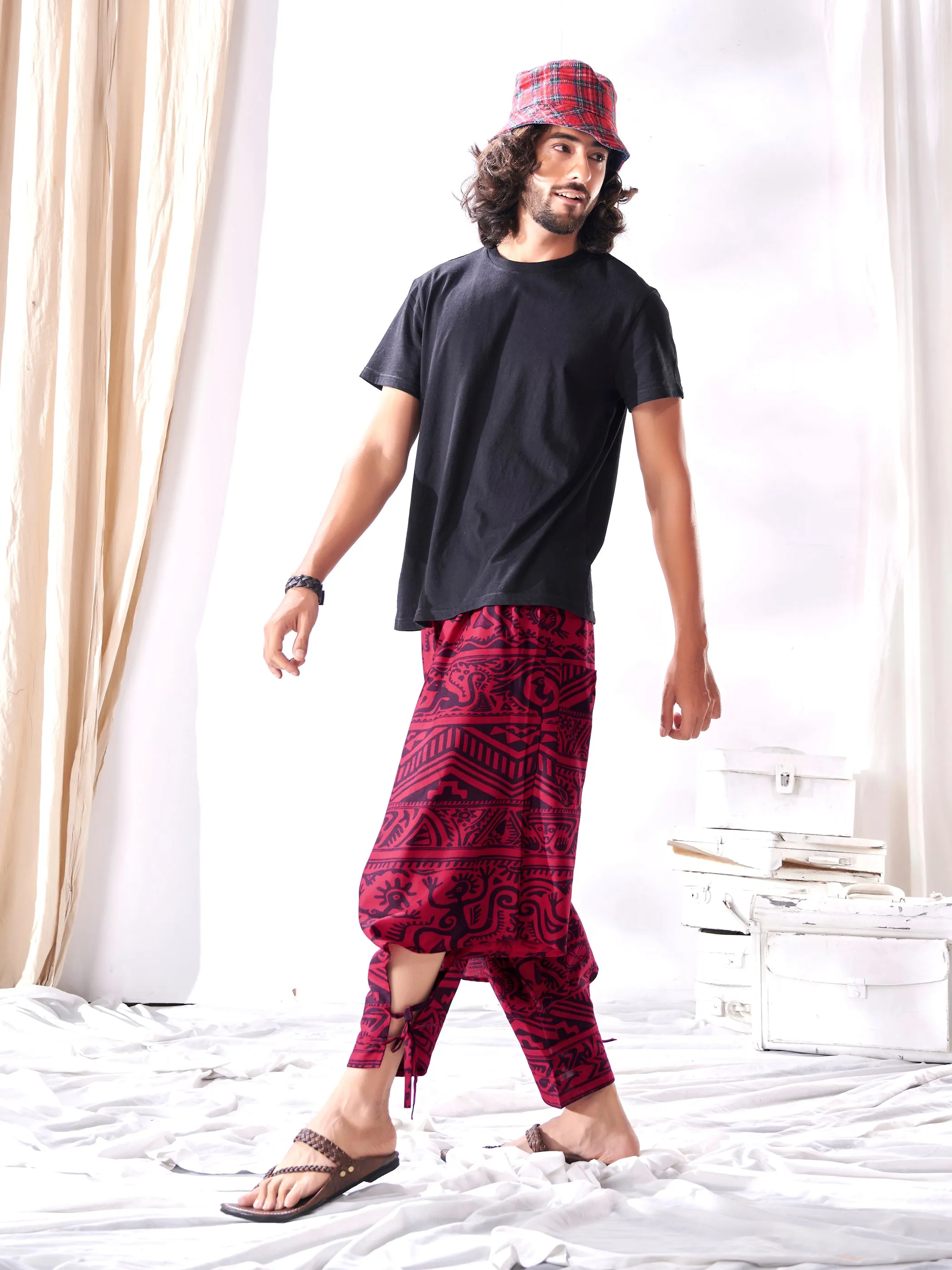 Men's Arabic Vintage Red Boho Baggy Hippy Harem Pants For Dance Travel Yoga