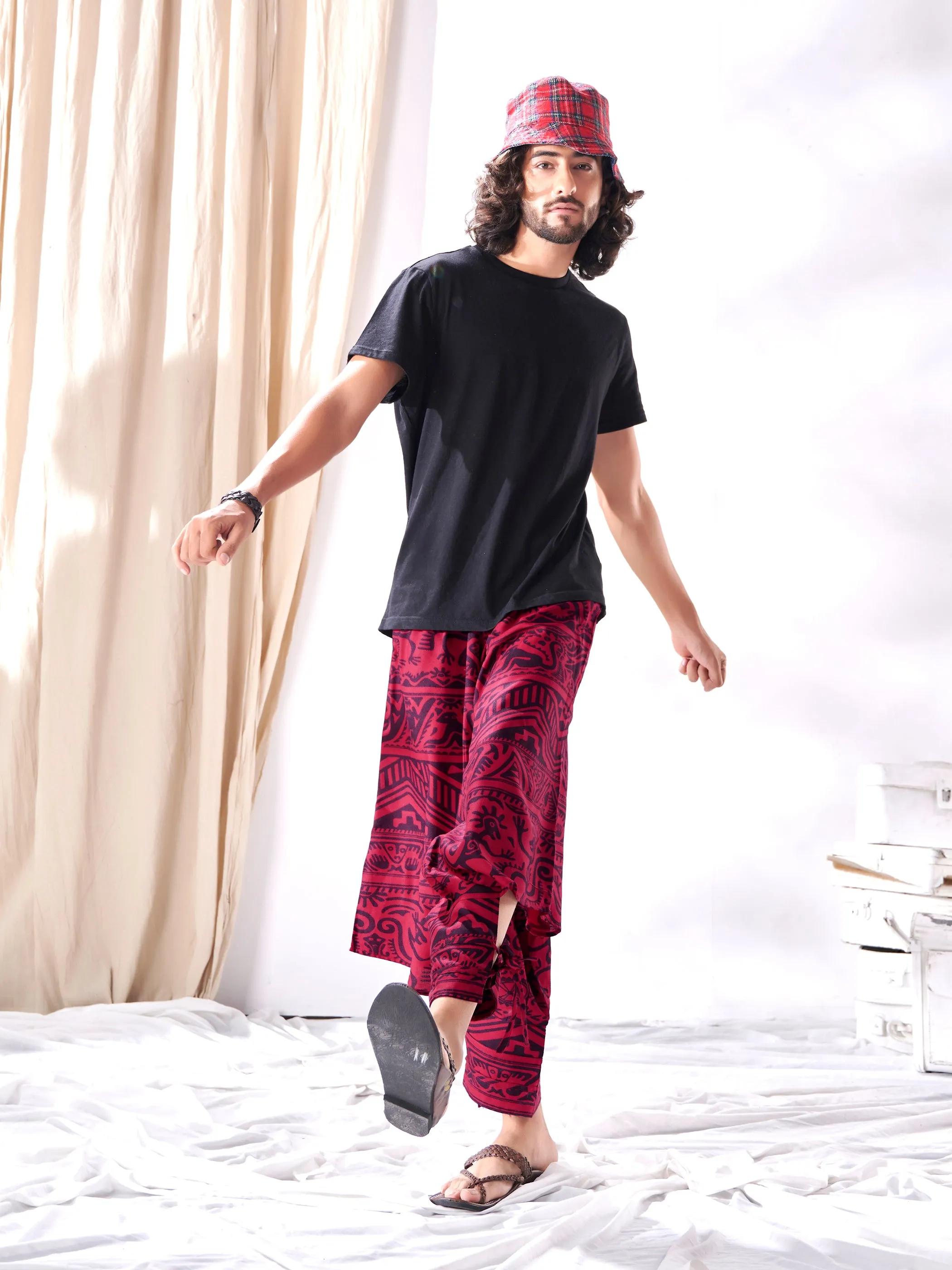 Men's Arabic Vintage Red Boho Baggy Hippy Harem Pants For Dance Travel Yoga