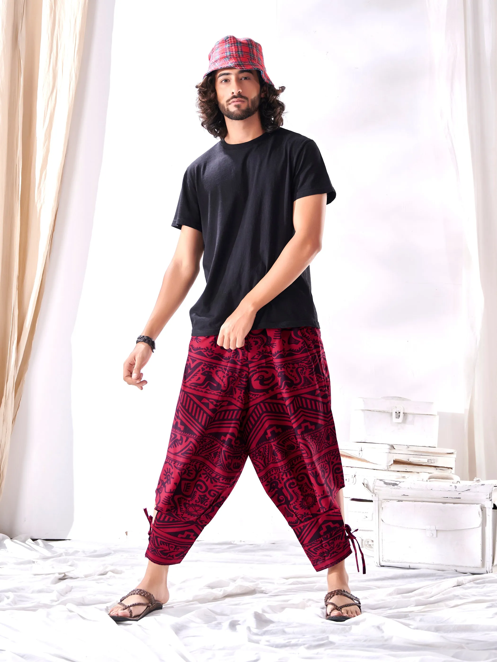 Men's Arabic Vintage Red Boho Baggy Hippy Harem Pants For Dance Travel Yoga