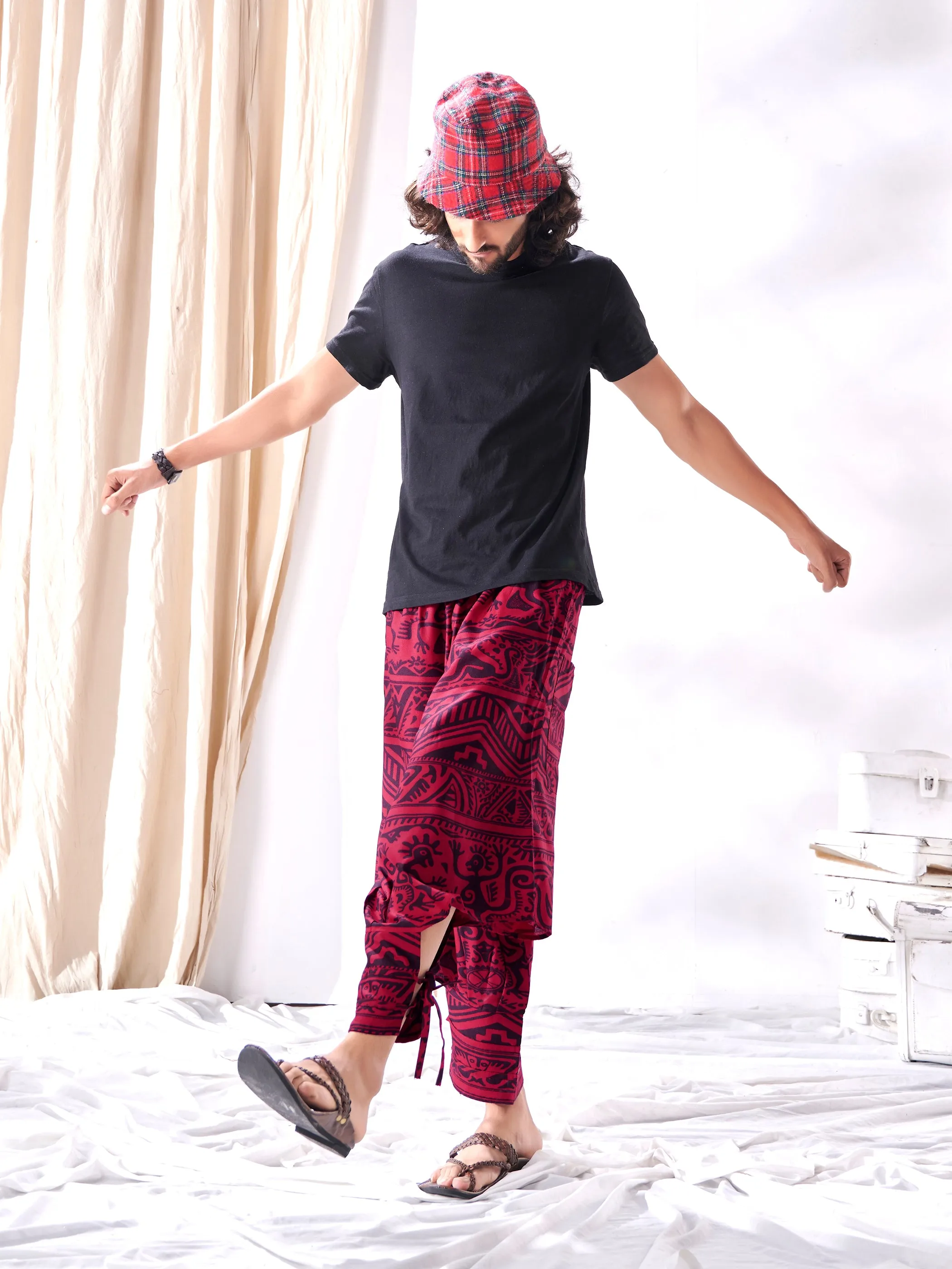 Men's Arabic Vintage Red Boho Baggy Hippy Harem Pants For Dance Travel Yoga