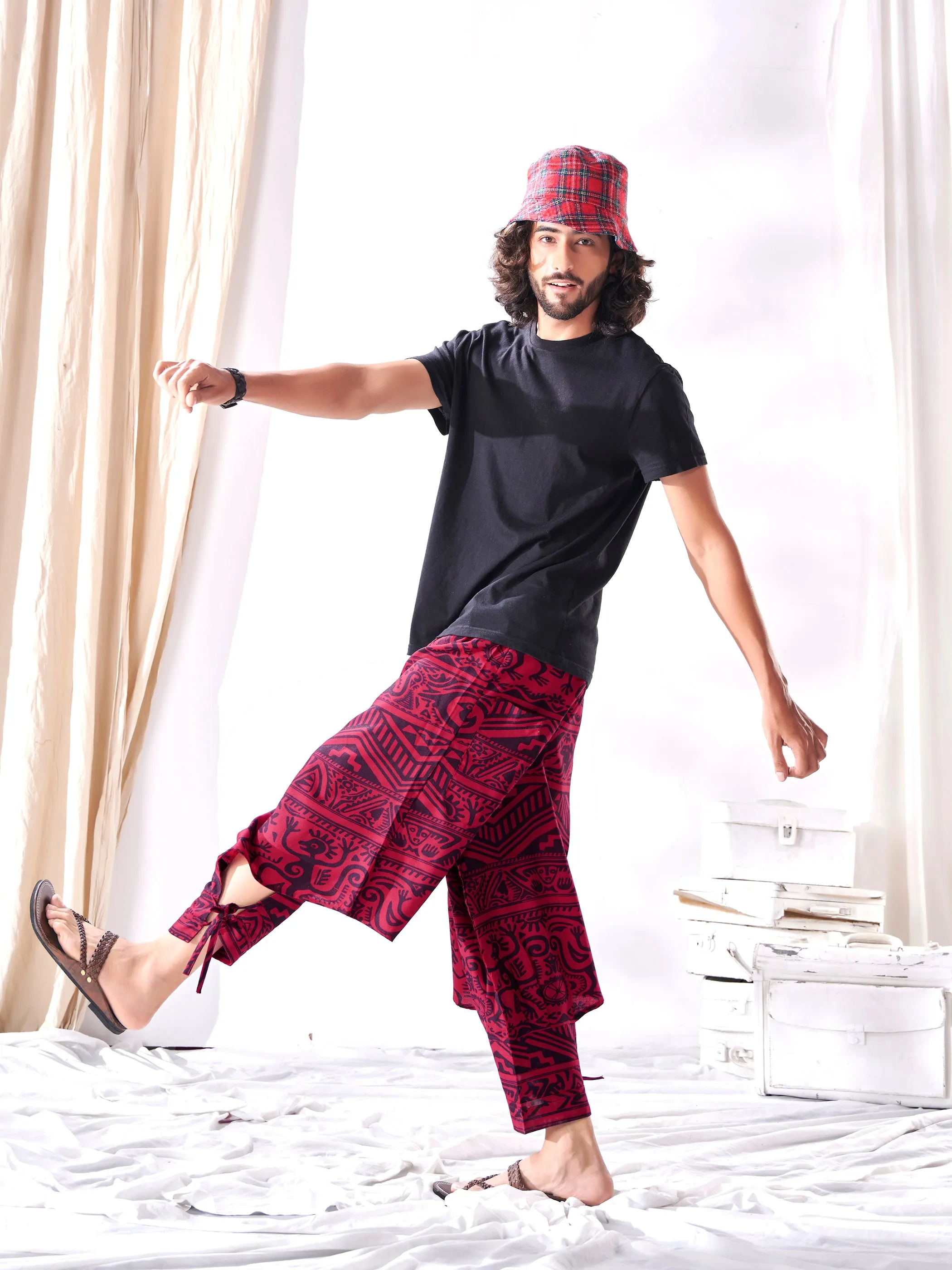Men's Arabic Vintage Red Boho Baggy Hippy Harem Pants For Dance Travel Yoga