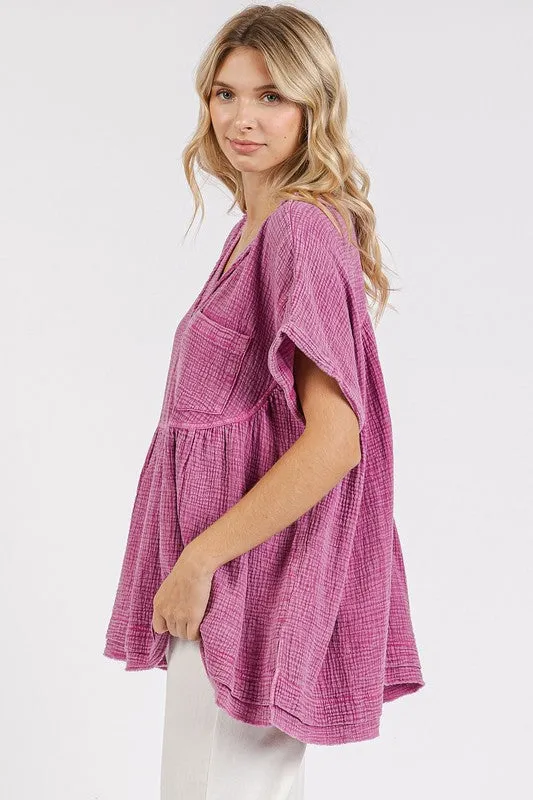 Mineral Wash Gauze Babydoll Blouse