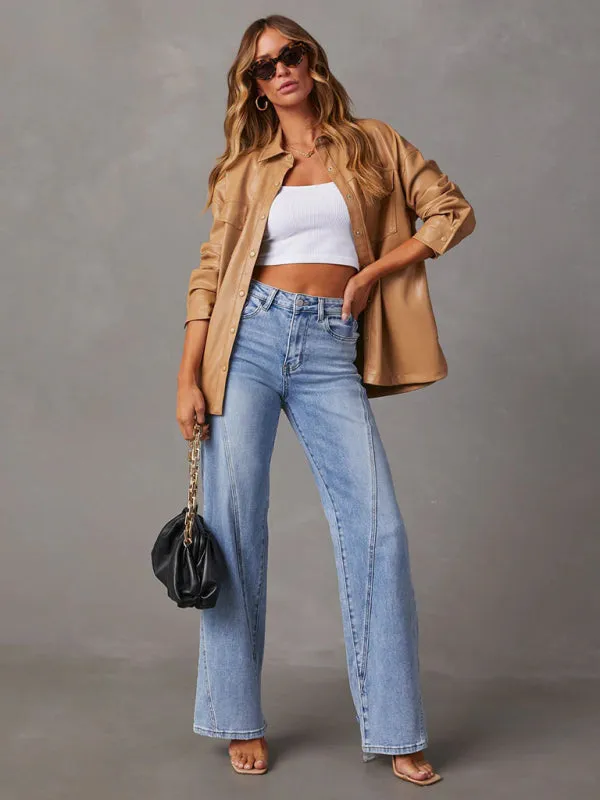 Nina New Style Comfortable Casual Loose Spliced Wide Leg Women's Jeans