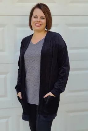 Open Front Velvet/Chenille Cardigan in Black