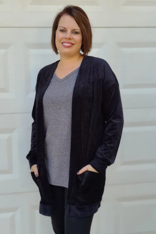 Open Front Velvet/Chenille Cardigan in Black