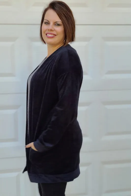 Open Front Velvet/Chenille Cardigan in Black