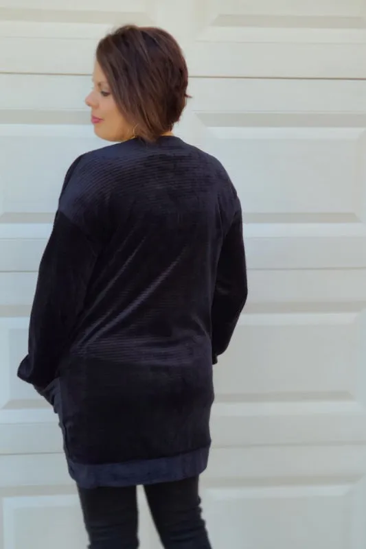 Open Front Velvet/Chenille Cardigan in Black