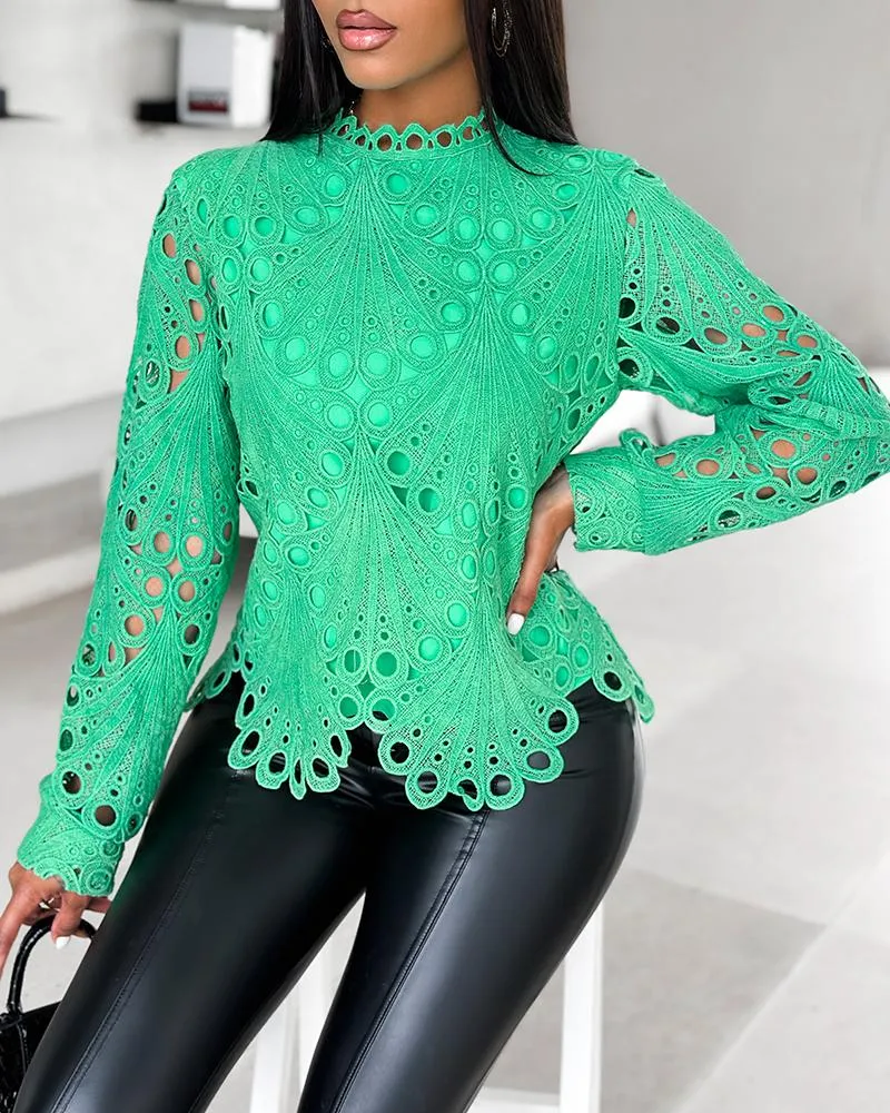 Stand Collar Lace Asymmetrical Hem Top