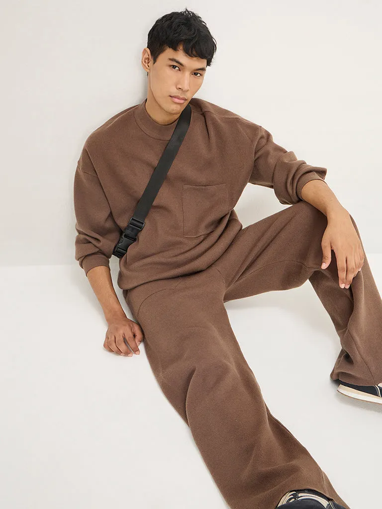 Studiofit Brown Knit-Textured Relaxed-Fit Sweatshirt
