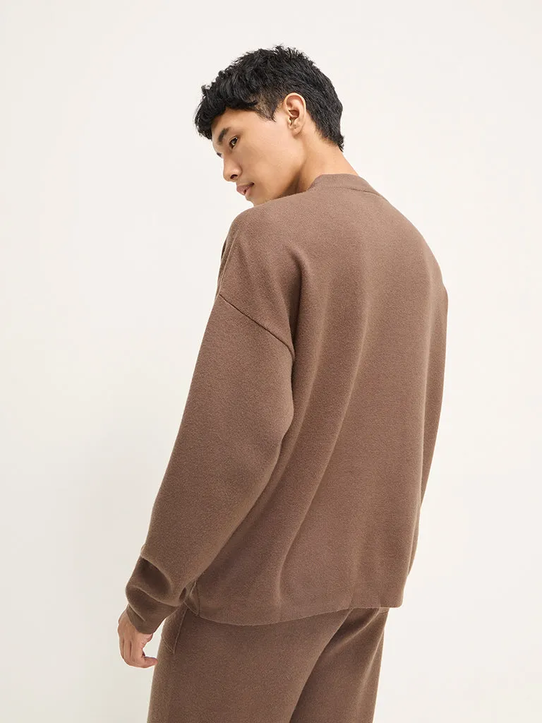 Studiofit Brown Knit-Textured Relaxed-Fit Sweatshirt