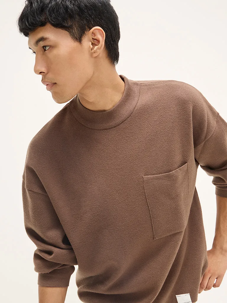 Studiofit Brown Knit-Textured Relaxed-Fit Sweatshirt
