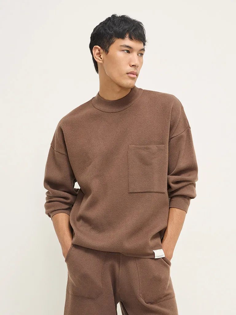 Studiofit Brown Knit-Textured Relaxed-Fit Sweatshirt