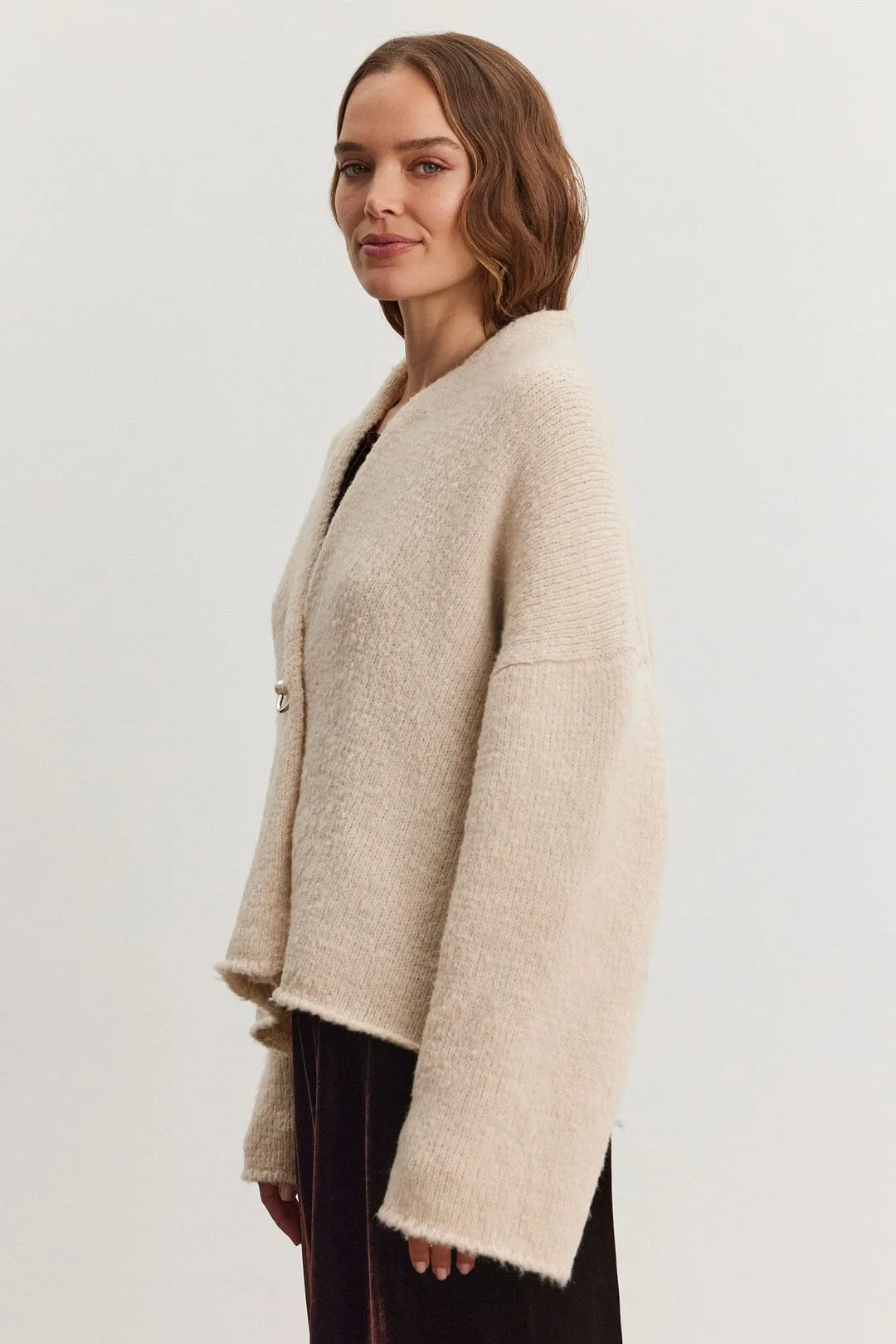 Velvet Chanson Brushed Knit Cardigan - Beige