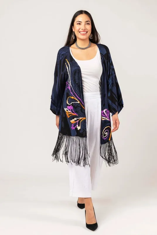 Violet Embroidered Fringe Kimono