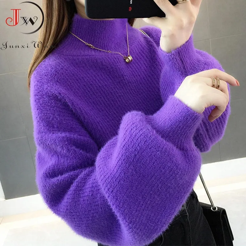 Women Soft Thick Turtleneck Lantern Sleeve Pullovers Sweater