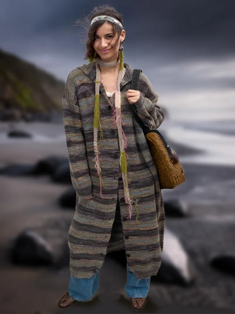 Women's Super Long Boho Hoody Stripe Sweater Cardigan for Cold Weather on the Beach