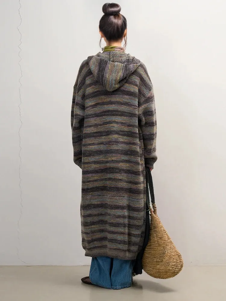 Women's Super Long Boho Hoody Stripe Sweater Cardigan for Cold Weather on the Beach